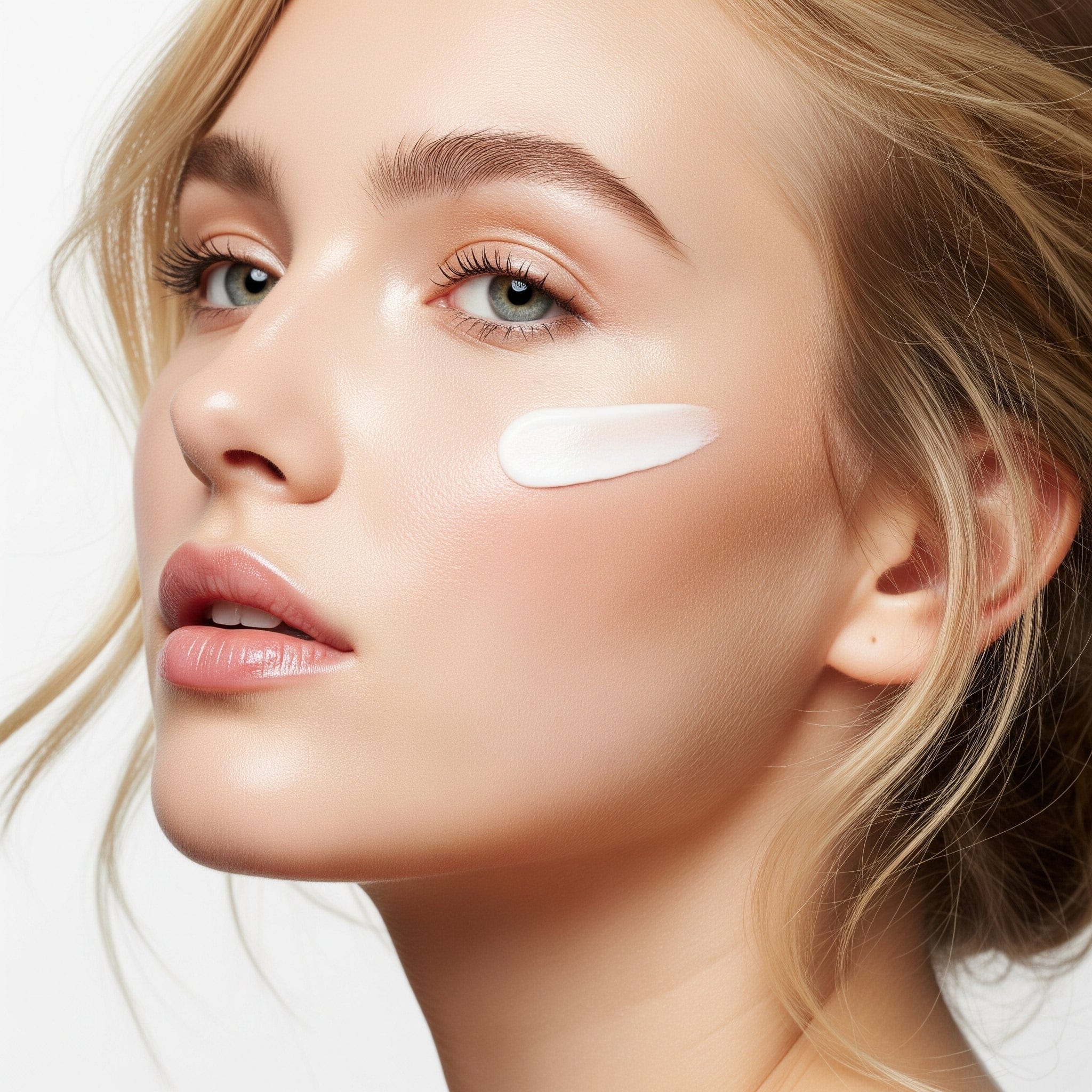 Close-up of a woman's face with cosmetic cream on her cheek against a white background
